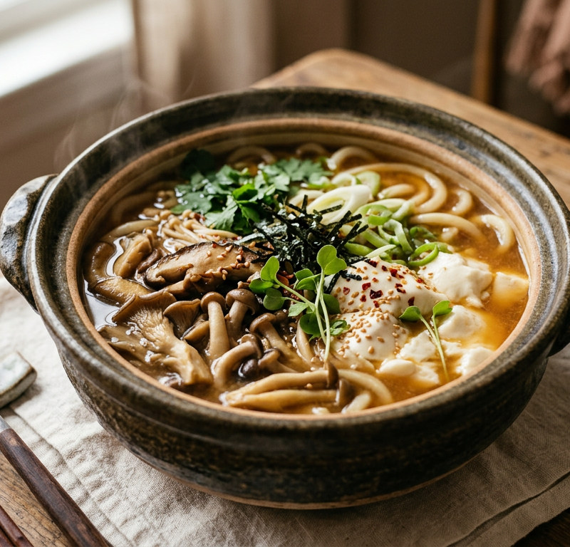 Miso Mushroom Udon Hotpot with Silken Tofu Clouds
