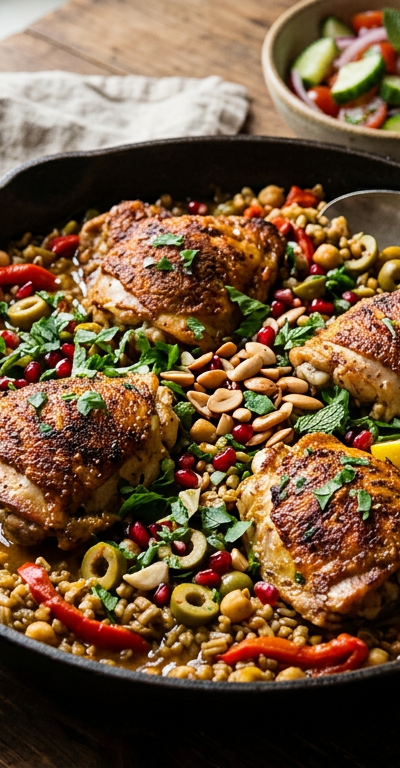Moroccan Spiced Chicken and Freekeh Skillet
