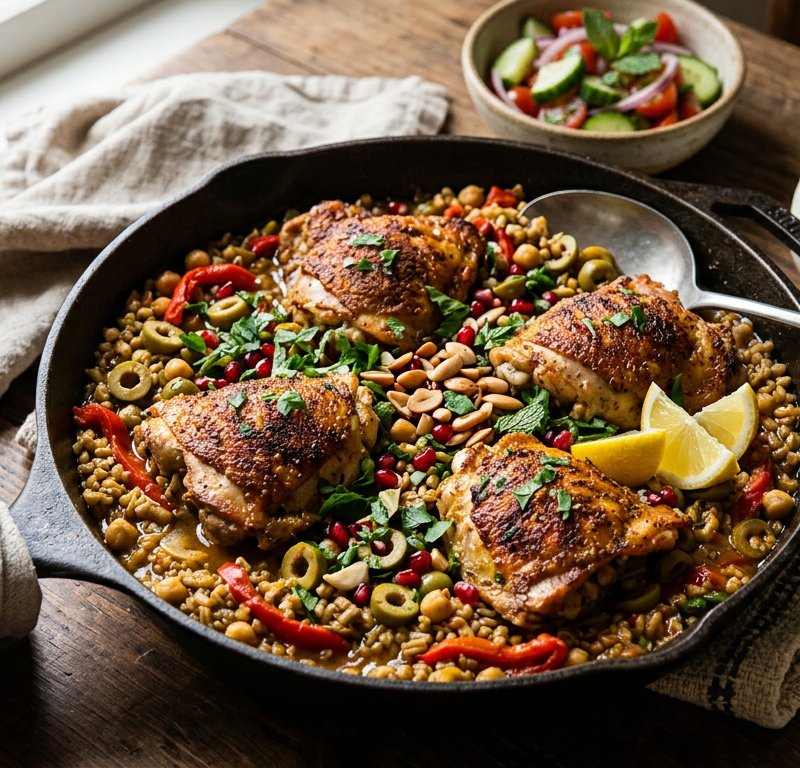 Moroccan Spiced Chicken and Freekeh Skillet