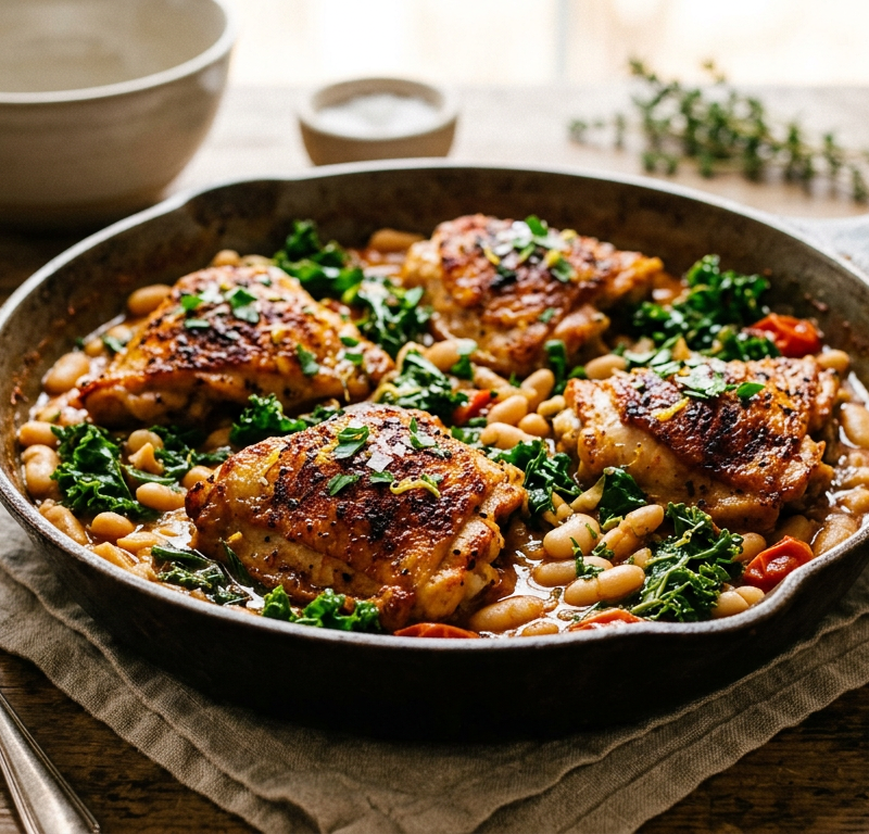 Smoky Paprika Chicken Thighs with White Beans and Kale