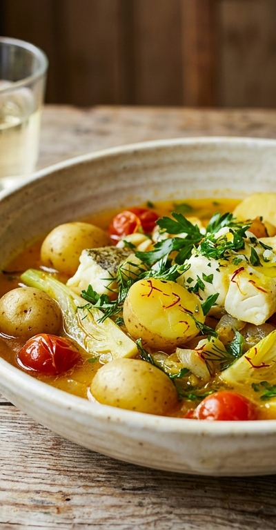 Mediterranean Fish Stew with Saffron & Potatoes