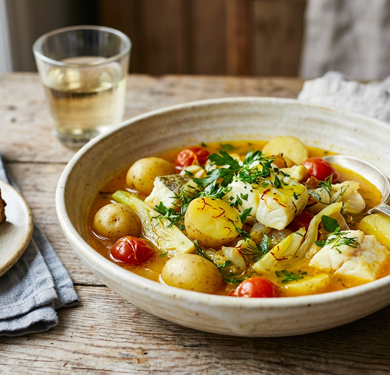 Mediterranean Fish Stew with Saffron & Potatoes