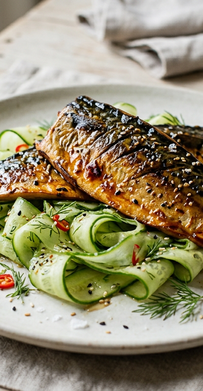 Soy-Glazed Seared Mackerel with Shaved Cucumber Ribbons