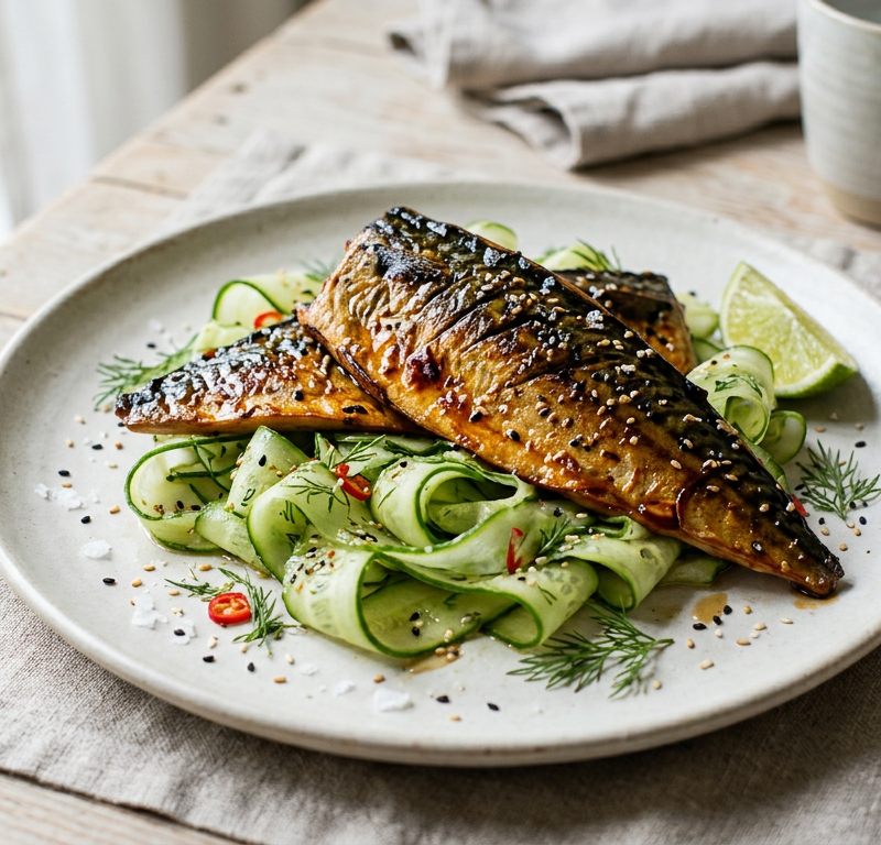 Soy-Glazed Seared Mackerel with Shaved Cucumber Ribbons