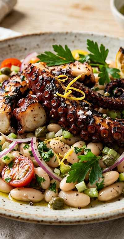 Charred Octopus and White Bean Salad with Lemon-Parsley Dressing