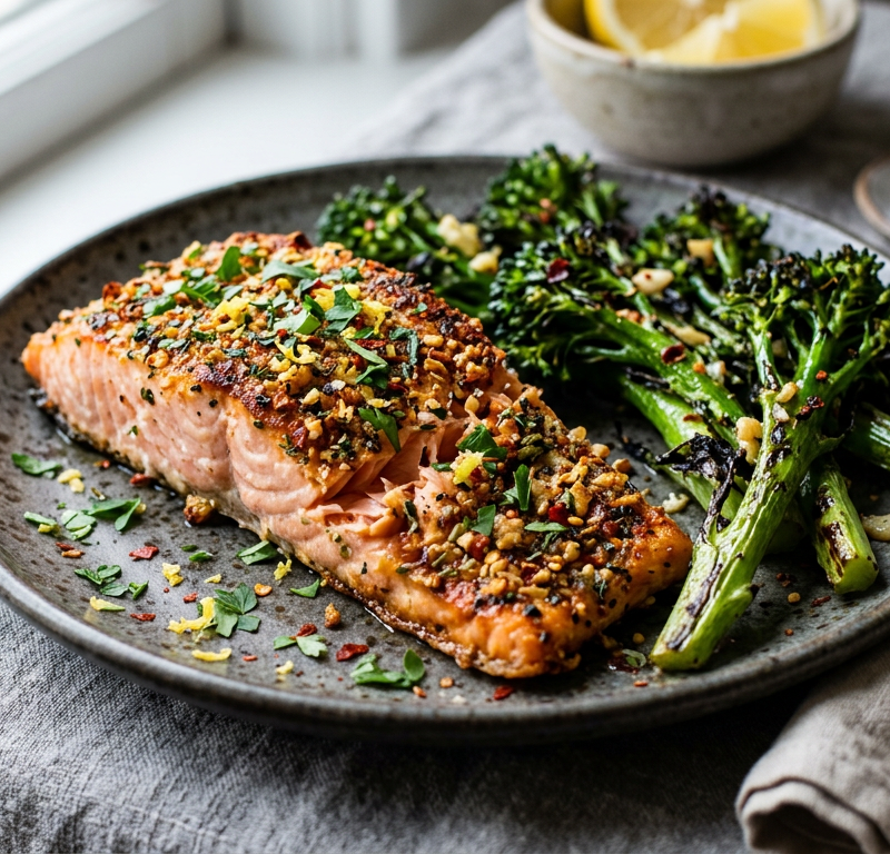 Garlic-Chili Crusted Salmon with Charred Broccolini