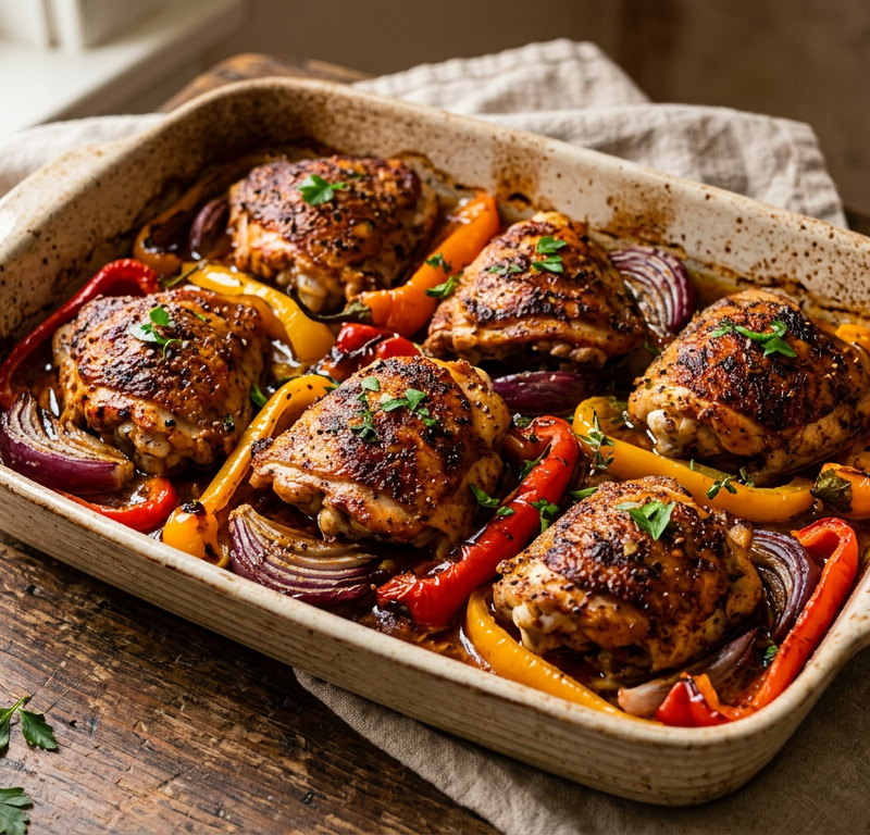Smoky Paprika-Garlic Chicken Thighs with Roasted Peppers