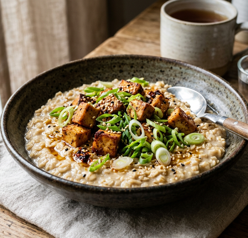 Savory Miso Oatmeal with Crispy Tofu and Scallions