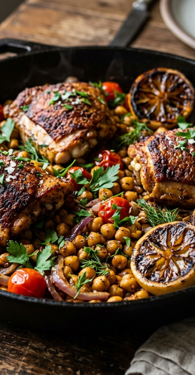 Crispy Spiced Chicken and Chickpea Skillet with Charred Lemon