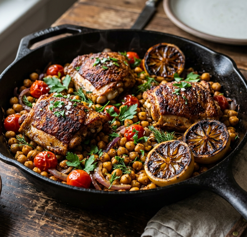 Crispy Spiced Chicken and Chickpea Skillet with Charred Lemon
