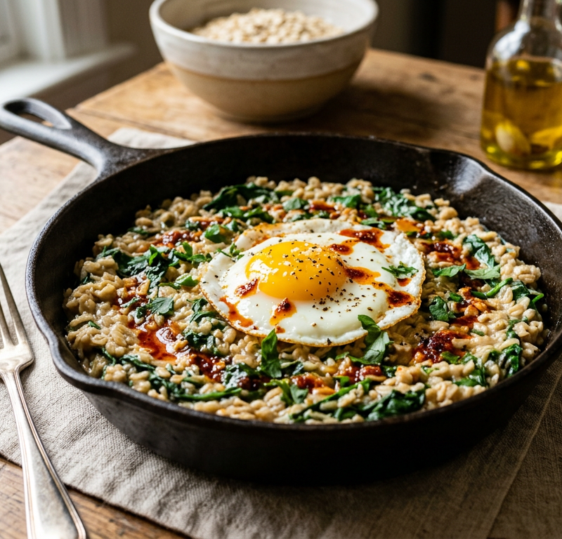 Savory Oat and Egg Breakfast Skillet with Spinach and Smoked Paprika