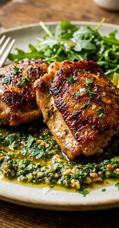 Seared Chicken Thighs with Chermoula-Style Walnut Herb Sauce
