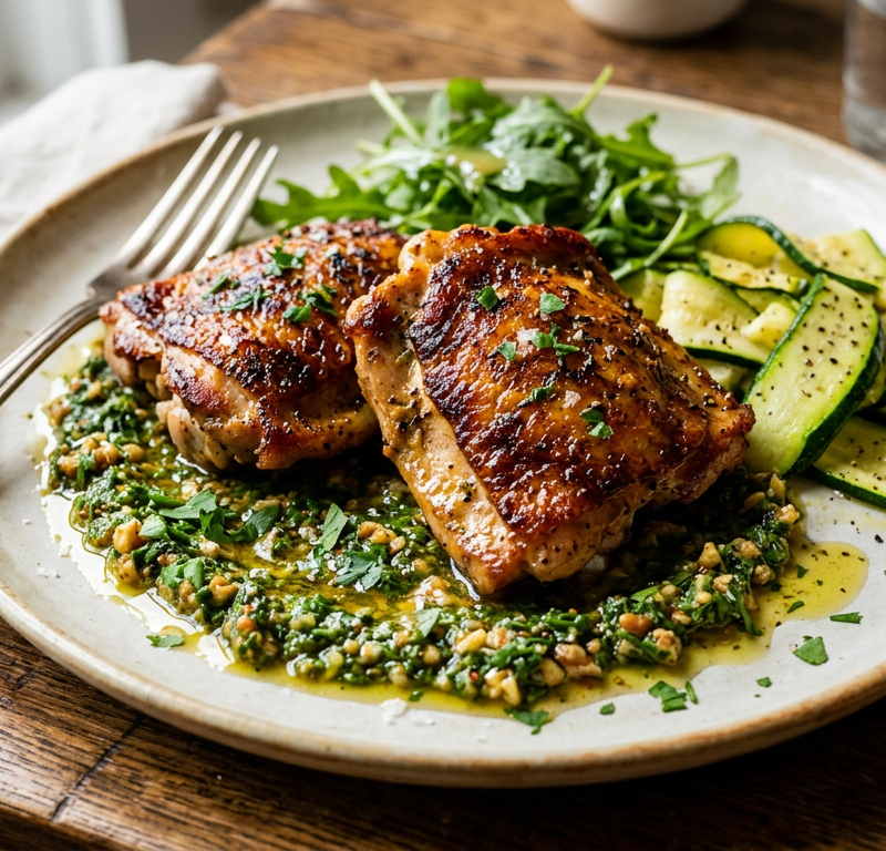 Seared Chicken Thighs with Chermoula-Style Walnut Herb Sauce