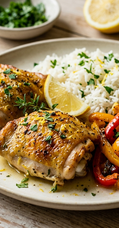 Lemon-Herb Baked Chicken Thighs with Rice and Roasted Bell Peppers
