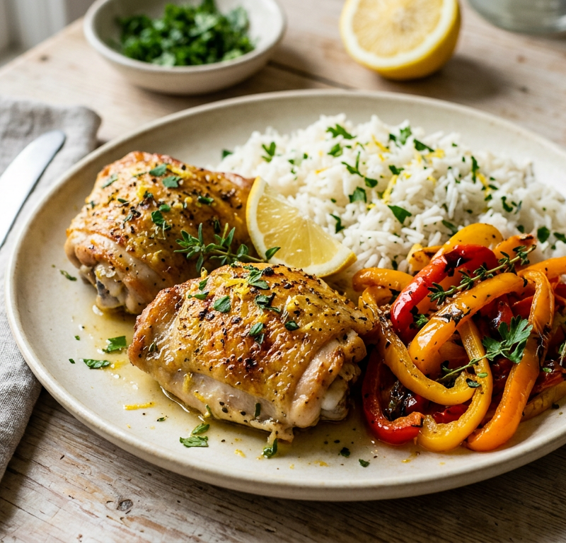 Lemon-Herb Baked Chicken Thighs with Rice and Roasted Bell Peppers