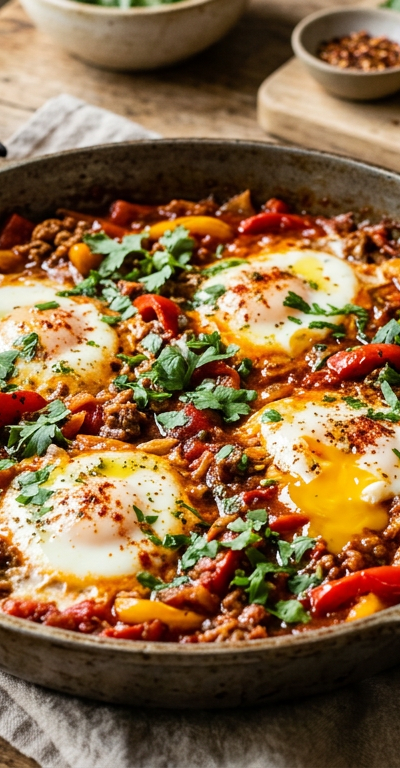 Harissa Shakshuka-Spiced Lamb Skillet with Roasted Peppers