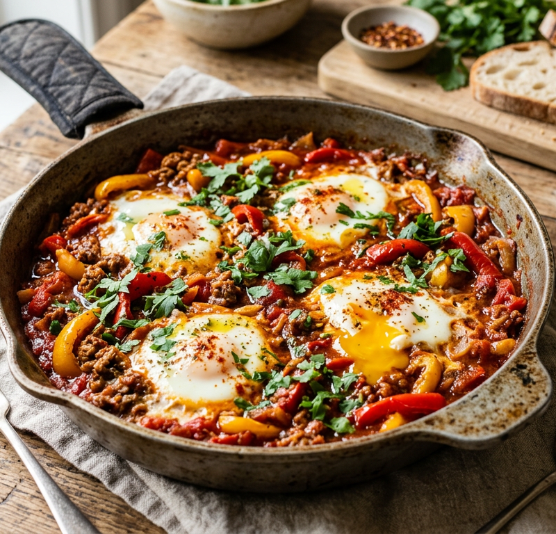 Harissa Shakshuka-Spiced Lamb Skillet with Roasted Peppers