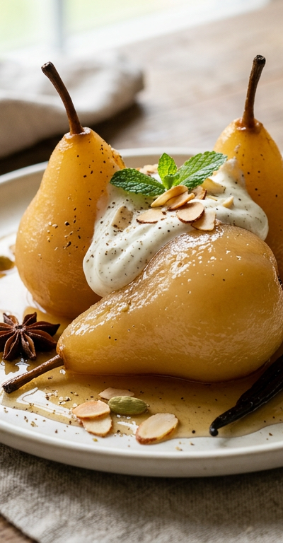 Cardamom Poached Pears with Vanilla Cream