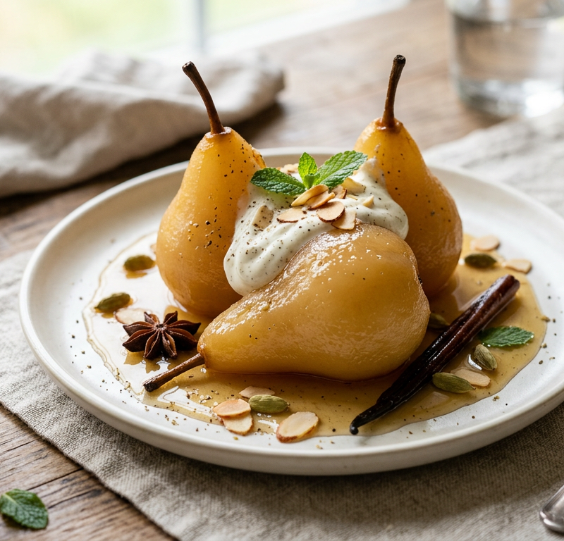 Cardamom Poached Pears with Vanilla Cream