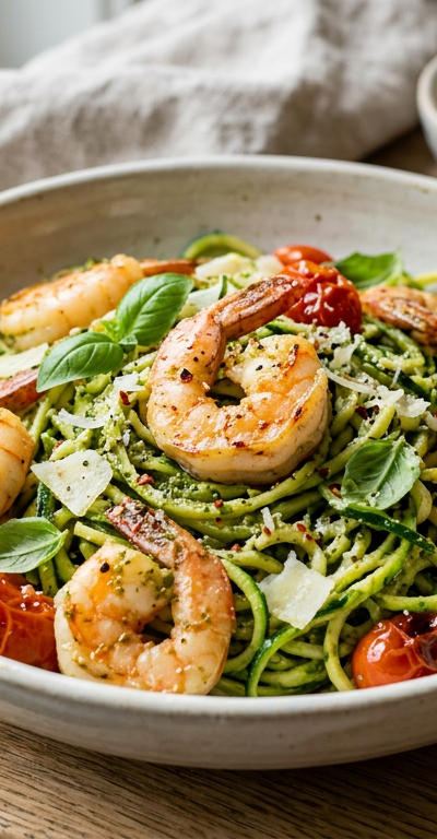 Pesto Zucchini Noodle Shrimp Scampi