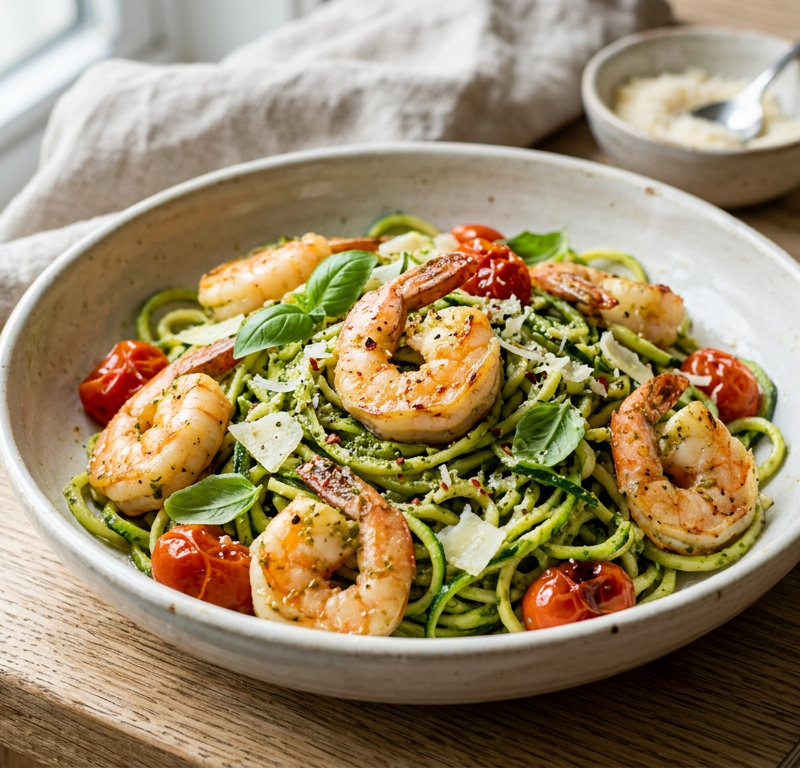 Pesto Zucchini Noodle Shrimp Scampi