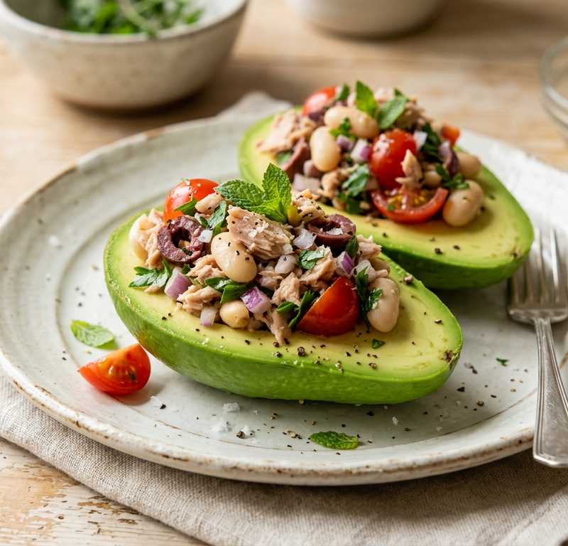 Mediterranean Tuna & White Bean Stuffed Avocados