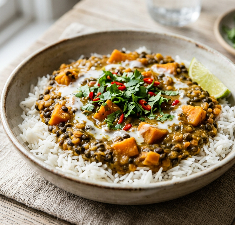 Creamy Coconut Sweet Potato & Black Lentil Dal