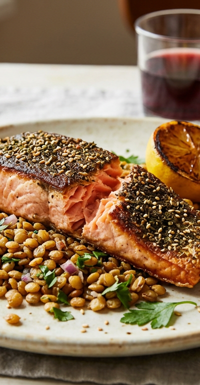 Za'atar Salmon with Crispy Lentils and Charred Lemon