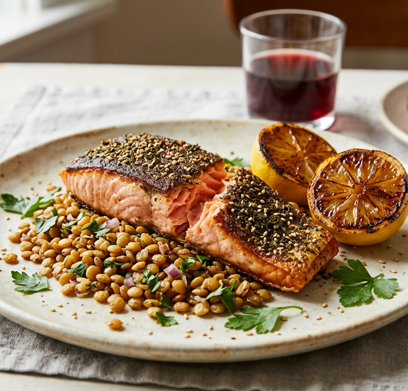 Za'atar Salmon with Crispy Lentils and Charred Lemon