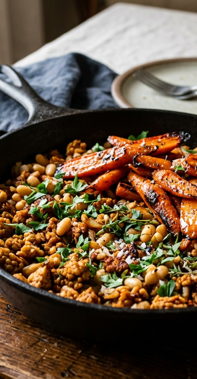 Tempeh & White Bean Breakfast Skillet with Maple Roasted Carrots