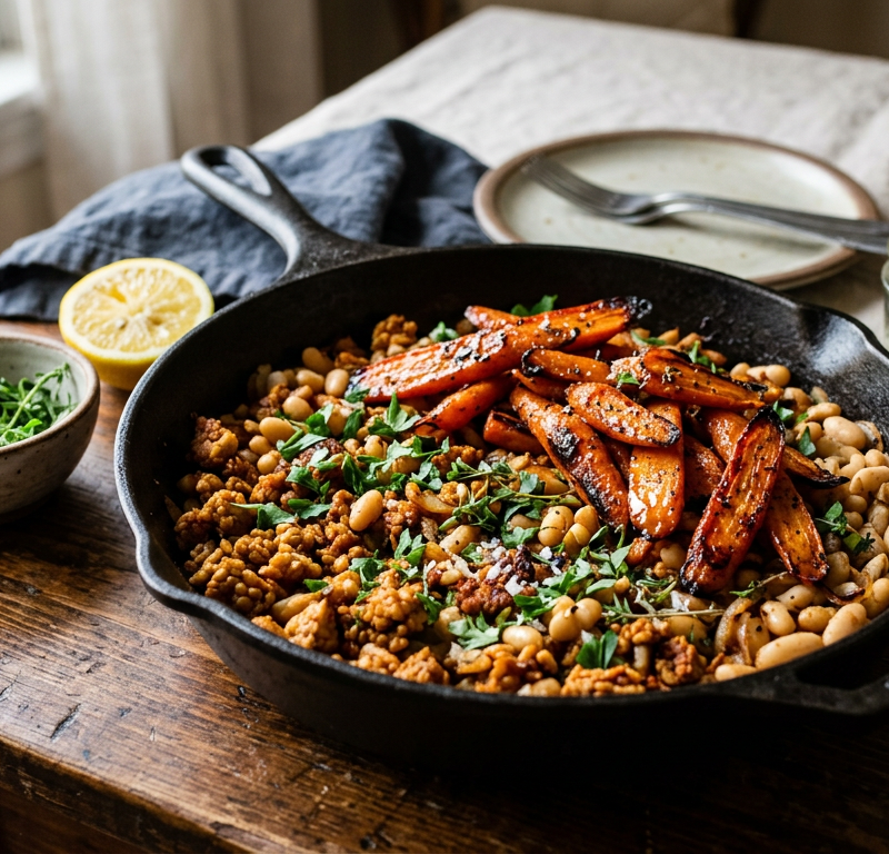 Tempeh & White Bean Breakfast Skillet with Maple Roasted Carrots
