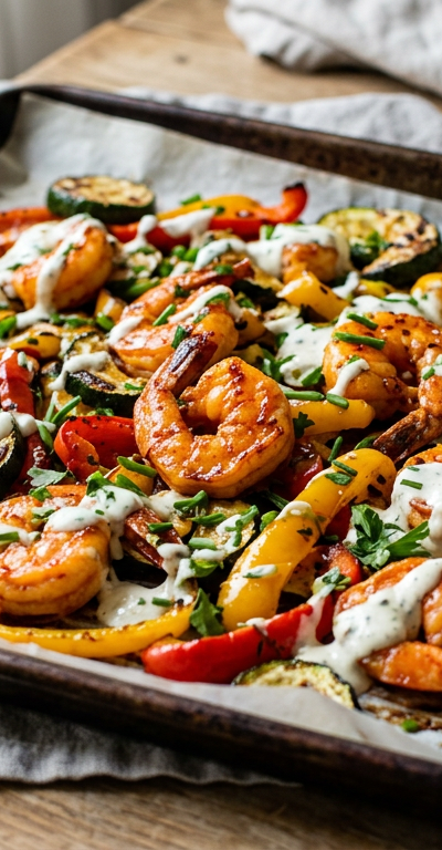 Sheet-Pan Buffalo Shrimp with Charred Zucchini and Peppers
