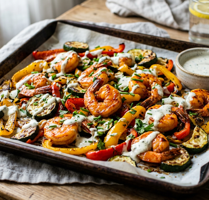 Sheet-Pan Buffalo Shrimp with Charred Zucchini and Peppers