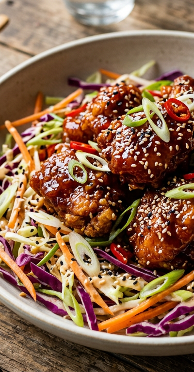 Sticky Korean Fried Chicken Bites with Sesame Slaw