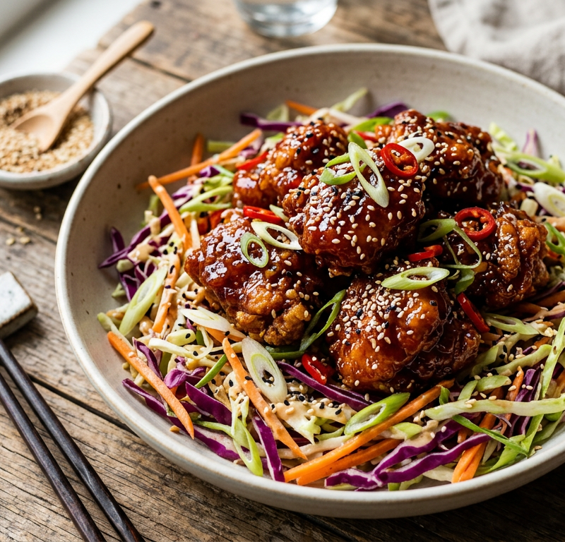 Sticky Korean Fried Chicken Bites with Sesame Slaw