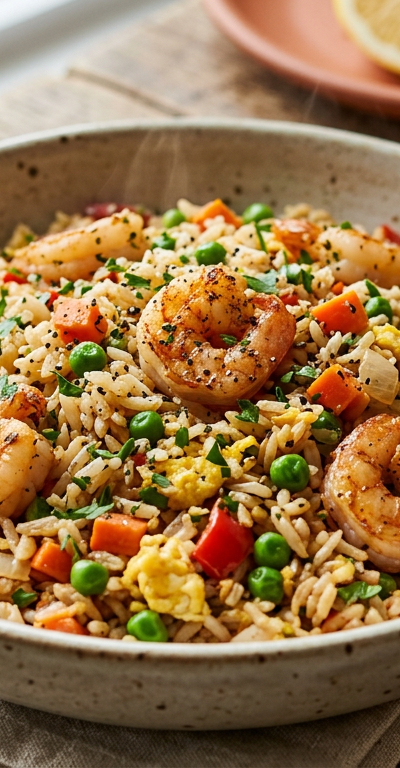 Mediterranean-Style Shrimp Fried Rice Bowl