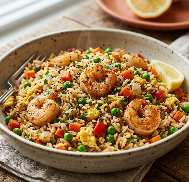 Mediterranean-Style Shrimp Fried Rice Bowl