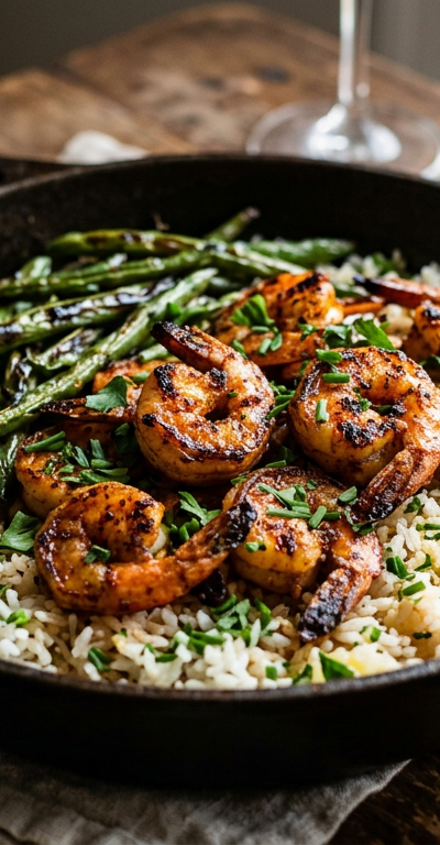 Cajun Shrimp and Rice Skillet with Charred Green Beans