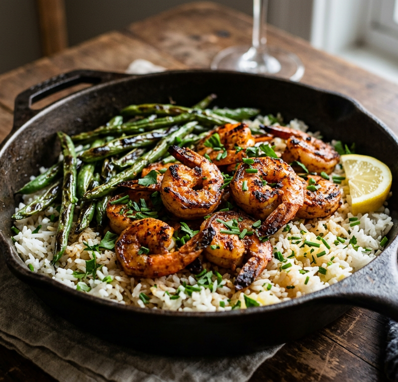 Cajun Shrimp and Rice Skillet with Charred Green Beans