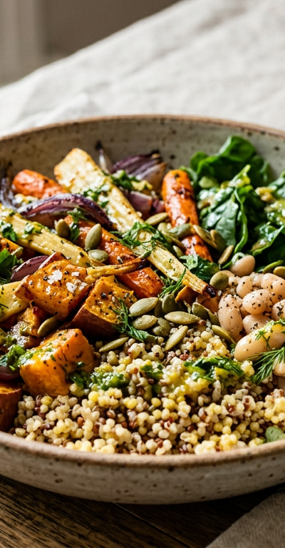 Gluten-Free Grain & Roasted Root Vegetable Bowl with White Beans