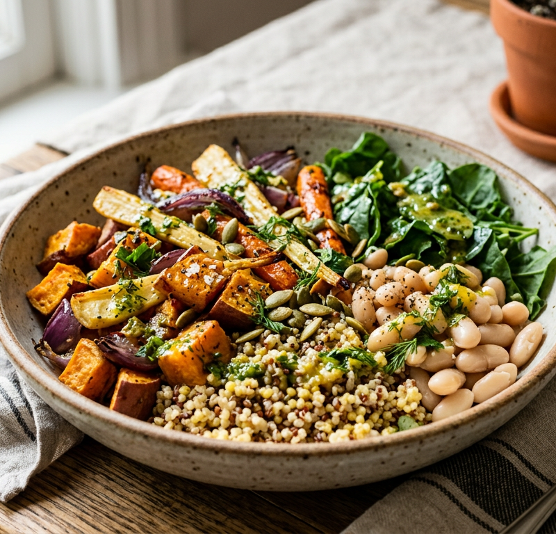 Gluten-Free Grain & Roasted Root Vegetable Bowl with White Beans