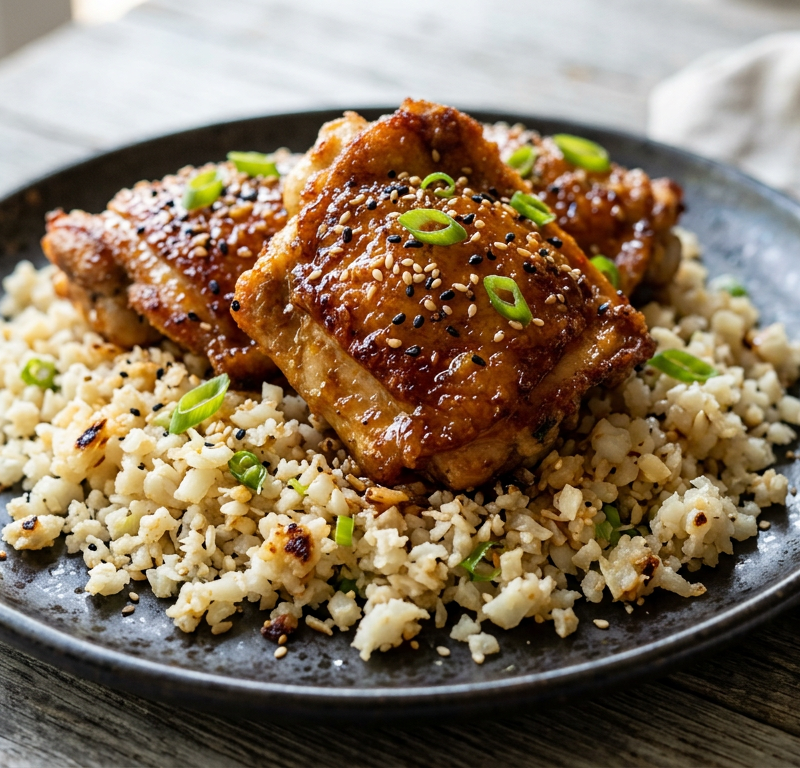 Crispy Sriracha-Honey Chicken Thighs over Garlic Sesame Cauliflower Rice