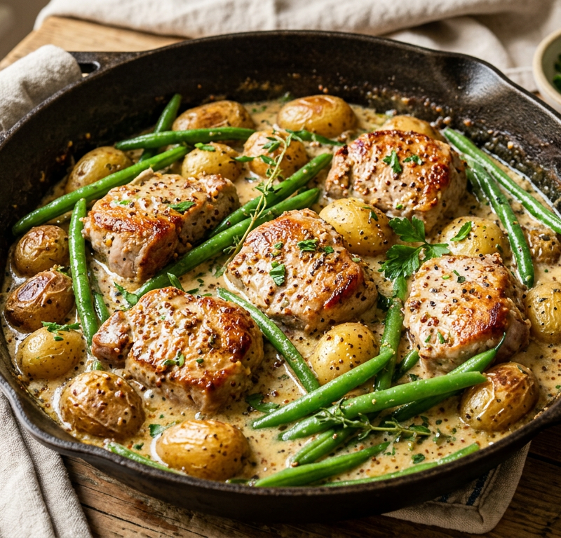 One-Pan Creamy Mustard Pork and Potato Skillet