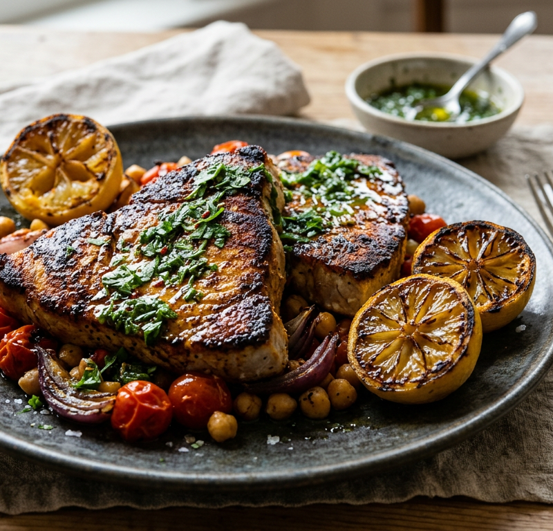 Cumin-Harissa Swordfish Steaks with Charred Lemon and Herb Oil