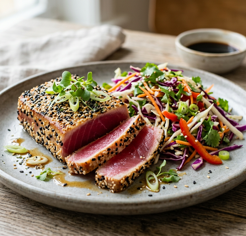 Sesame Crusted Ahi Tuna with Ginger Slaw