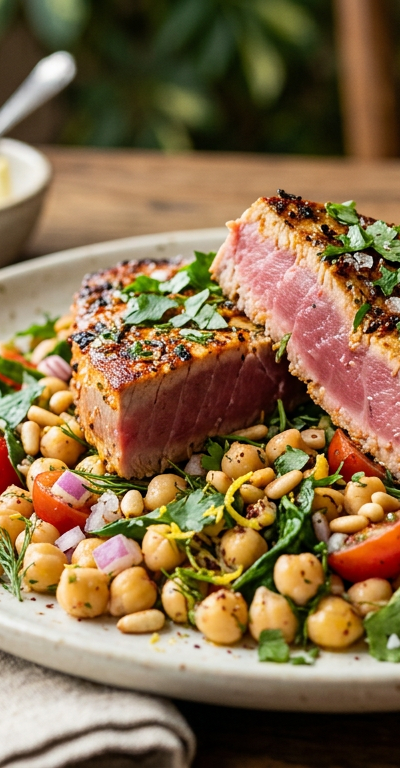 Garlic-Harissa Tuna Steaks with Warm Chickpea Salad