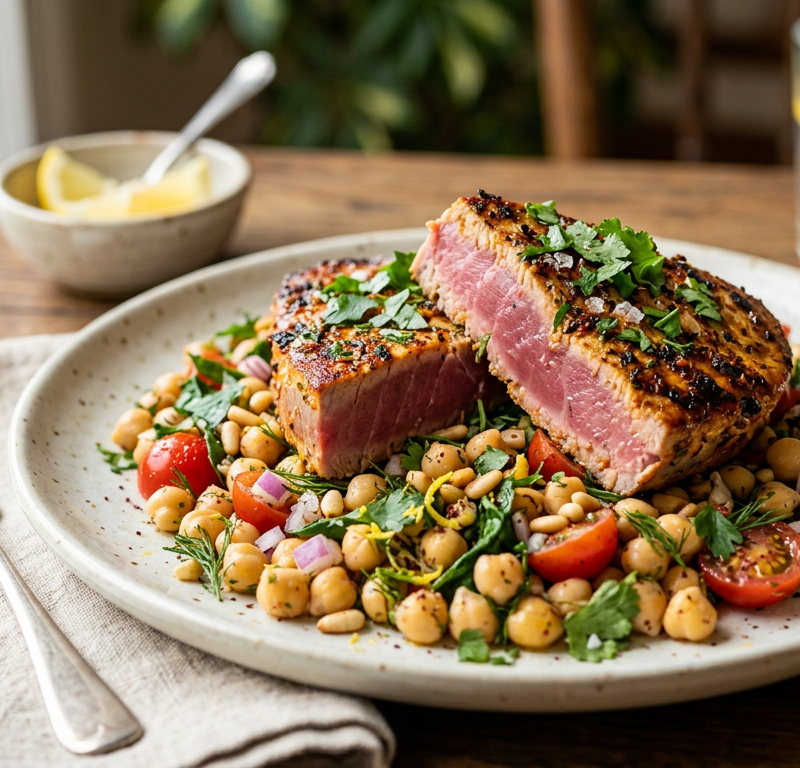 Garlic-Harissa Tuna Steaks with Warm Chickpea Salad