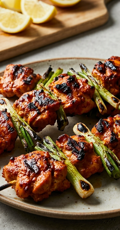 Harissa-Yogurt Marinated Chicken Skewers with Charred Scallions
