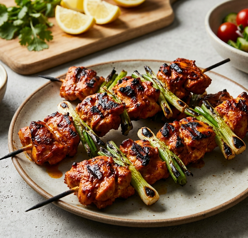 Harissa-Yogurt Marinated Chicken Skewers with Charred Scallions