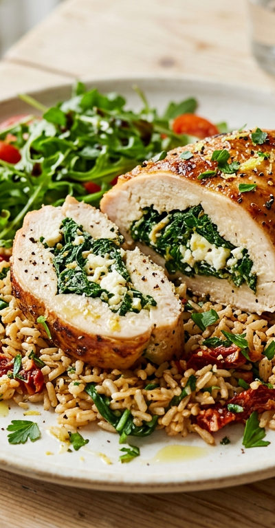 Spinach & Feta Stuffed Chicken with Sun-Dried Tomato Rice